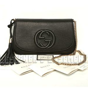 GUCCI black pebbled leather SOHO Interlocking G Crossbody bamboo Tassel bag NIB